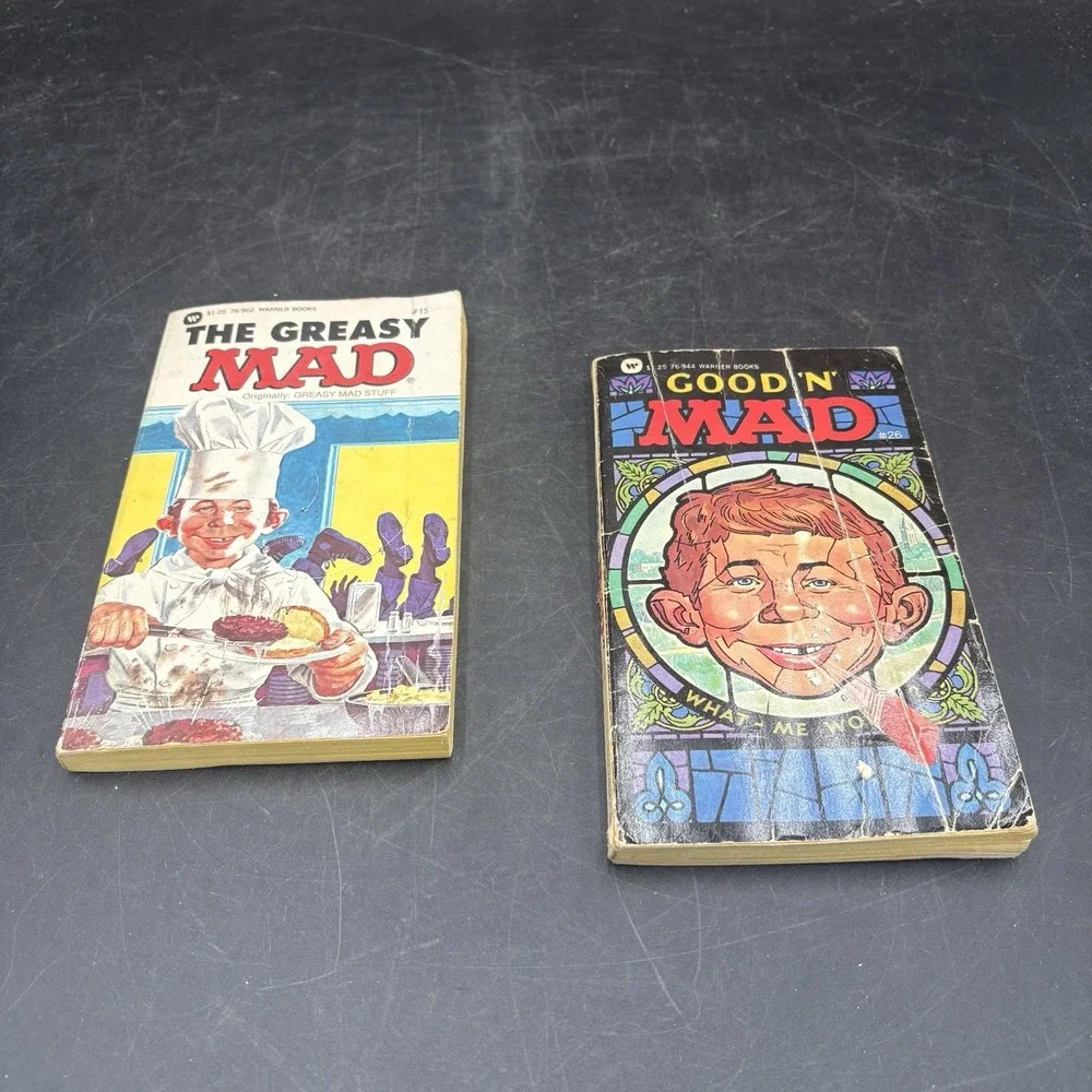 Two Vintage Warner Books,The Greasy Mad &Good 'N' Mad, Paperback , Mad Magazine